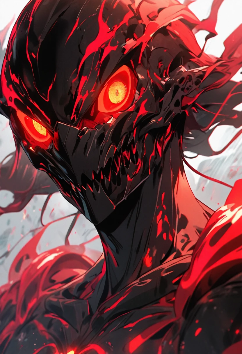 Glowing red black man with red bioluminescence eyes and background 