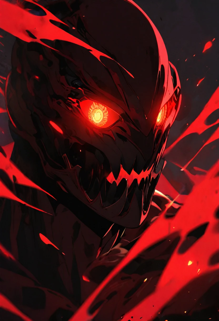 Glowing red black man with red bioluminescence eyes and background