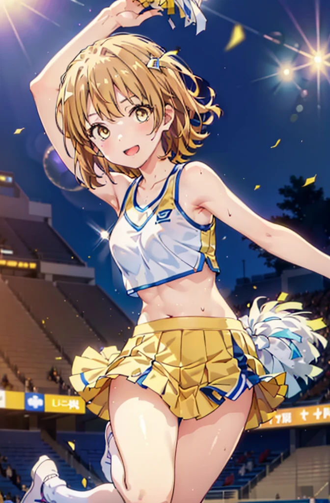 irohaisshiki, iroha isshiki, short hair, brown hair, (Brown eyes:1.5), smile,happy smile, smile, Open your mouth,(cheer leading), (whole body), Big Breasts, Lower, (Sweaty), Sweaty Wet Clothes, (Yellow clothes),No sleeve,Yellow pleated skirt,sneakers , Belly button support, playground, (Jump), (Jump), 足を曲げてJumpする, air, blue sky, Grass原, smile
チアリーダー, Pom-pom \(cheer leading\), Grass, smile, whole bodyがイラストに入るように,
break outdoors,Stadium,
break looking at viewer,whole body,
break (masterpiece:1.2), Highest quality, High resolution, unity 8k wallpaper, (shape:0.8), (Fine and beautiful eyes:1.6), Highly detailed face, Perfect lighting, Highly detailed CG, (Perfect hands, Perfect Anatomy),