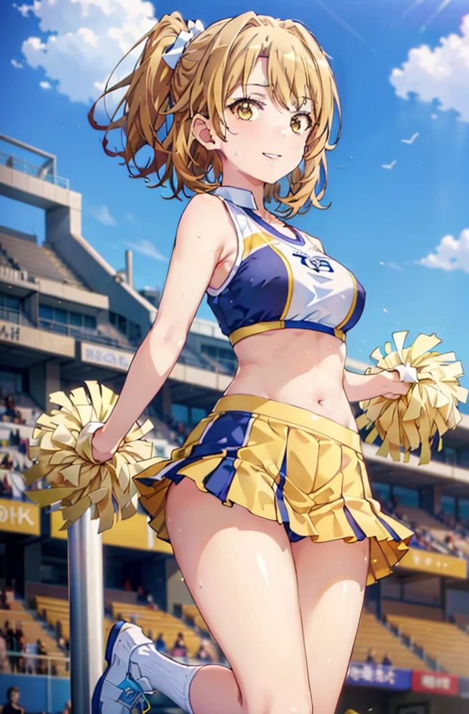 irohaisshiki, iroha isshiki, short hair, brown hair, (Brown eyes:1.5), smile,happy smile, smile, Open your mouth,(cheer leading), (whole body), Big Breasts, Lower, (Sweaty), Sweaty Wet Clothes, (Yellow clothes),No sleeve,Yellow pleated skirt,sneakers , Belly button support, playground, (Jump), (Jump), 足を曲げてJumpする, air, blue sky, Grass原, smile
チアリーダー, Pom-pom \(cheer leading\), Grass, smile, whole bodyがイラストに入るように,
break outdoors,Stadium,
break looking at viewer,whole body,
break (masterpiece:1.2), Highest quality, High resolution, unity 8k wallpaper, (shape:0.8), (Fine and beautiful eyes:1.6), Highly detailed face, Perfect lighting, Highly detailed CG, (Perfect hands, Perfect Anatomy),