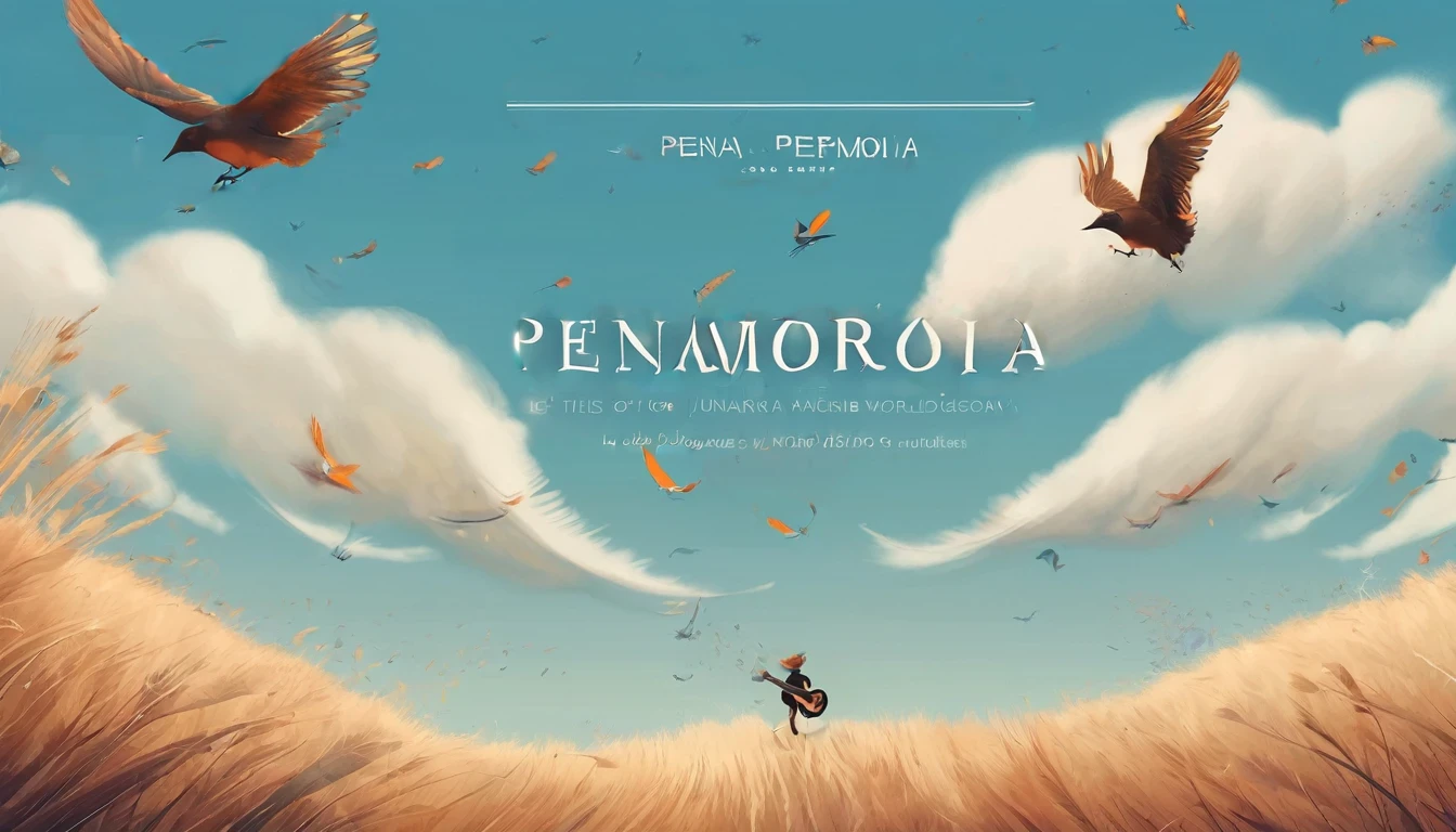 Create a professional, fantastic, cinematic Youtube Banner for a brand about music and stories called " Penamemoria". Masterpiece, 4k, sharp focus, highest quality,wide shot. The title is " Penamemoria". Is a brand about the creative, unique journey of a boy into becoming a musician storyteller. In his journey he finds inspiration in a world of birds and feathers. Minimalistic, simple, poetic, dreamy logotype at the center of the image. The Background image is a world full of fantastic feathers, unique birds, light blue sky, and a boy running happily into the horizon with an acoustic guitar in his right hand. Boy running against the wind, almost simulating like he is flying
