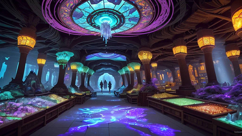 A DSLR photo, award-winning, with deep rich saturated colors and good contrast, shot with a Goerz Hypergon f/8 lens. A sprawling, ancient underground cavern, transformed into a mystical marketplace with bioluminescent plants and exquisitely hyperdetailed laser-crafted stone and wood pathways, winding through vibrant stalls full of exotic goods. Sunrays filter through crystalline formations in the cavern ceiling, creating volumetric light and casting a magical glow throughout the space. The architecture blends motifs and styles from many cultures, featuring God-level hyperintricate carvings, mosaic-tiled walls, sculptures, statues, and vibrant banners. The scene exudes an otherworldly, dreamlike quality, with glowing fungi and hanging vines intertwining with the intricate market structures, and the serene sound of subterranean streams enhancing the tranquil atmosphere.