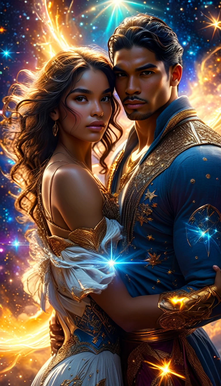 In a celestial dreamland landscape, people dressed luxuous, differents faces, they are all brown skin, (((in 40's))) (((two brown skin caucasian men and one Latina skin brunettehair:1.7 woman))), (((two brown skin caucasian long brown hair prine:1.3))), (((one Latina skin brunettehair1.5 woman))) trying to kill him with powers, dangerous scene, war, battle, luminuous stars, chaos, fire, destrctions, 8K, extremely detailed, high quality, (photorealistic:1.37), Full body, vibrant colors, perfect lighting, soulful expressions, celestial aura, majestic presence, dreamlike atmosphere, 8 k artistic photography, photorealistic concept art, soft natural volumetric cinematic perfect 
