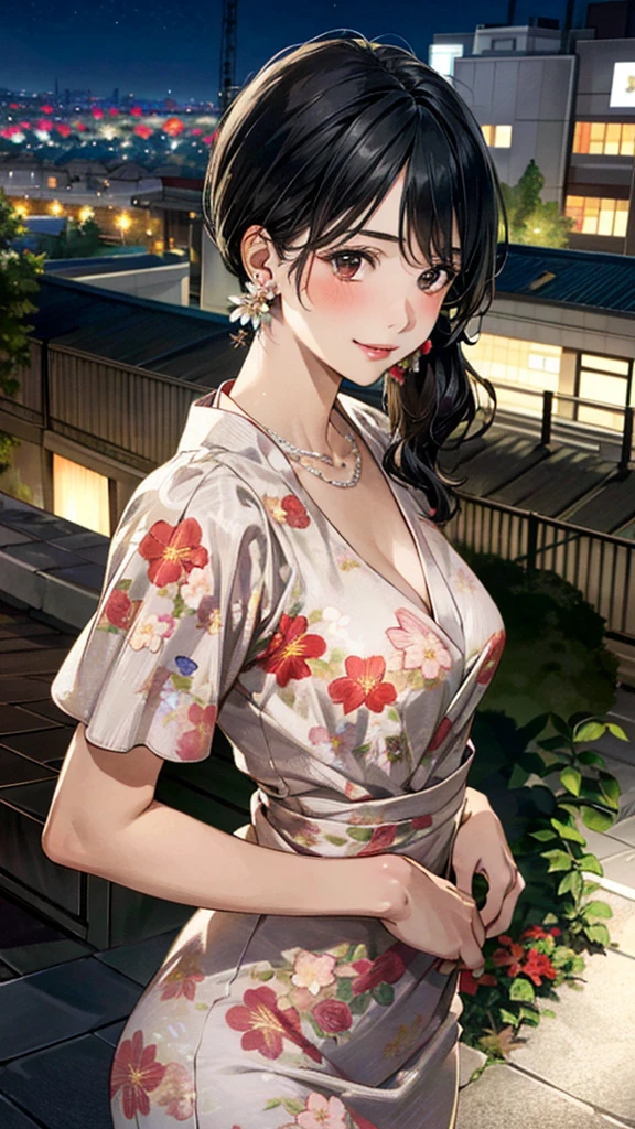 (masterpiece:1.3, Highest quality, Ultra-high resolution, Super detailed), (Realistic, photoRealistic:1.4), Beautiful illustrations, Perfect lighting, colorful, Depth of written boundary,
Beautiful detailed hair, Beautifully detailed face, Beautiful fine details, Beautiful clavicle, Beautiful body, 美しいLarge Breasts, Beautiful thighs, Beautiful feet, Beautiful fingers,
View Viewer、Front view:0.6, Beauty1人, Japanese, Beauty、30 years old, Perfect Face, (Perfect Anatomy, Anatomically correct), Cute and symmetrical face, Baby Face, , Shiny skin,
((Floral、long、A-line dress:1.4))
(Black Hair, Updo Hair:1.4), Dark brown eyes, (Large Breasts), Slim body,
necklace, Small earrings:1.1,
(Beautiful views), (night), (city, cityscape in the distance), Standing with good posture, A soft smile、(Smile, Lips parted),