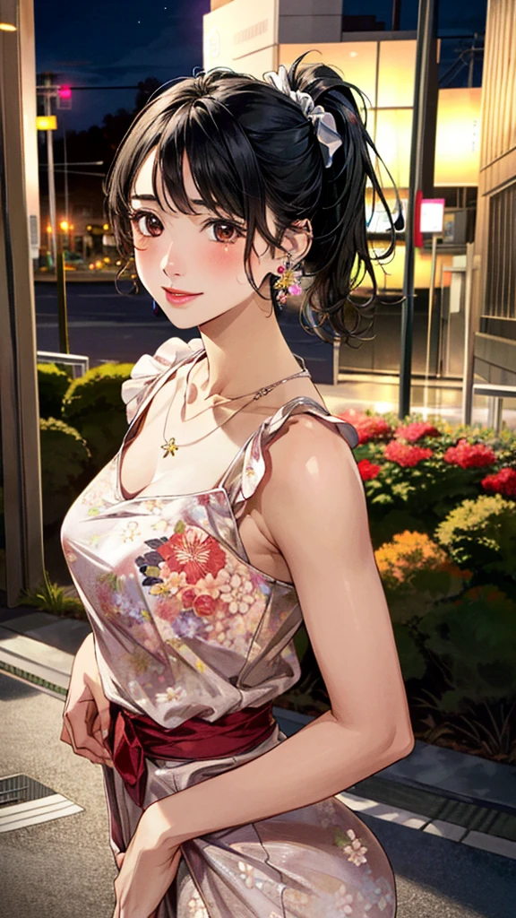(masterpiece:1.3, Highest quality, Ultra-high resolution, Super detailed), (Realistic, photoRealistic:1.4), Beautiful illustrations, Perfect lighting, colorful, Depth of written boundary,
Beautiful detailed hair, Beautifully detailed face, Beautiful fine details, Beautiful clavicle, Beautiful body, 美しいLarge Breasts, Beautiful thighs, Beautiful feet, Beautiful fingers,
View Viewer、Front view:0.6, 1 girl, Japanese, Female college student, Perfect Face, (Perfect Anatomy, Anatomically correct), Cute and symmetrical face, , , Shiny skin,
((Big floral dress:1.4))
(Black Hair, Side Ponytail:1.4), Dark brown eyes, (Large Breasts), thin,
necklace, (Small earrings:1.3),
(Beautiful views), (night), (city, cityscape in the distance), Are standing, A soft smile、(Smile, Lips parted),