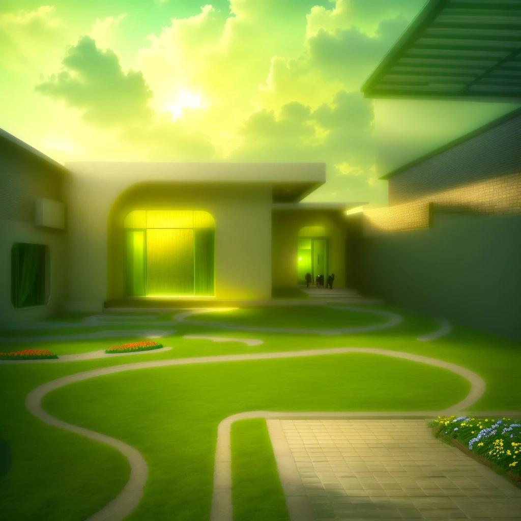 Beautiful green landscape, people playing in the yard, flowers, trees, glass houses, yellow lights, garden lights, 4k quality images