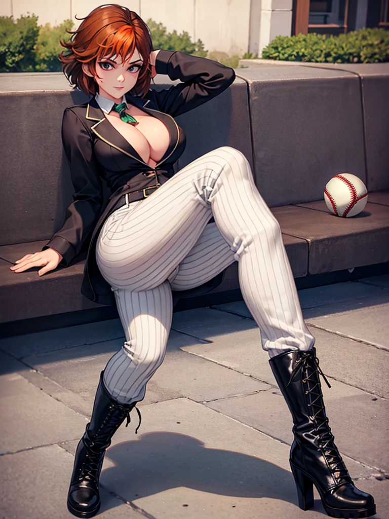 merula, full body, thighs, high boots high heels, solo girl, medium tits, baseball pinstripe white pants, nude tits