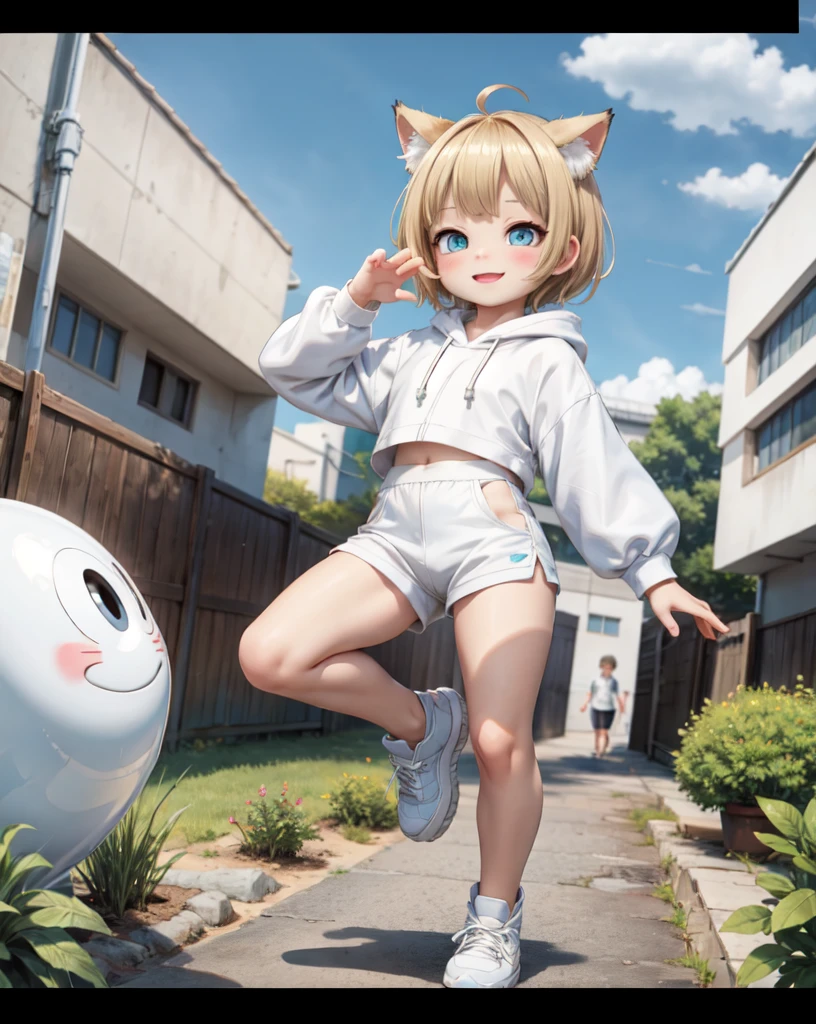 Reduce the volume of the side hair for a neater look、Shortcuts、The bangs are straight and even.、The best move,Highest quality,(masterpiece,Ultra-detailed 8K art,figure),Kung Fu, (Human face, 1 girl,Drooping dog),Outdoor, Chinese clothing,Blonde Hair、Short Mash Hair、Turquoise Eyes、White hoodie、Black hot pants、Black sneakers,garden, Look up at the sky and BREAK your smile,(whole body), Cat ears of the same color as the hair、