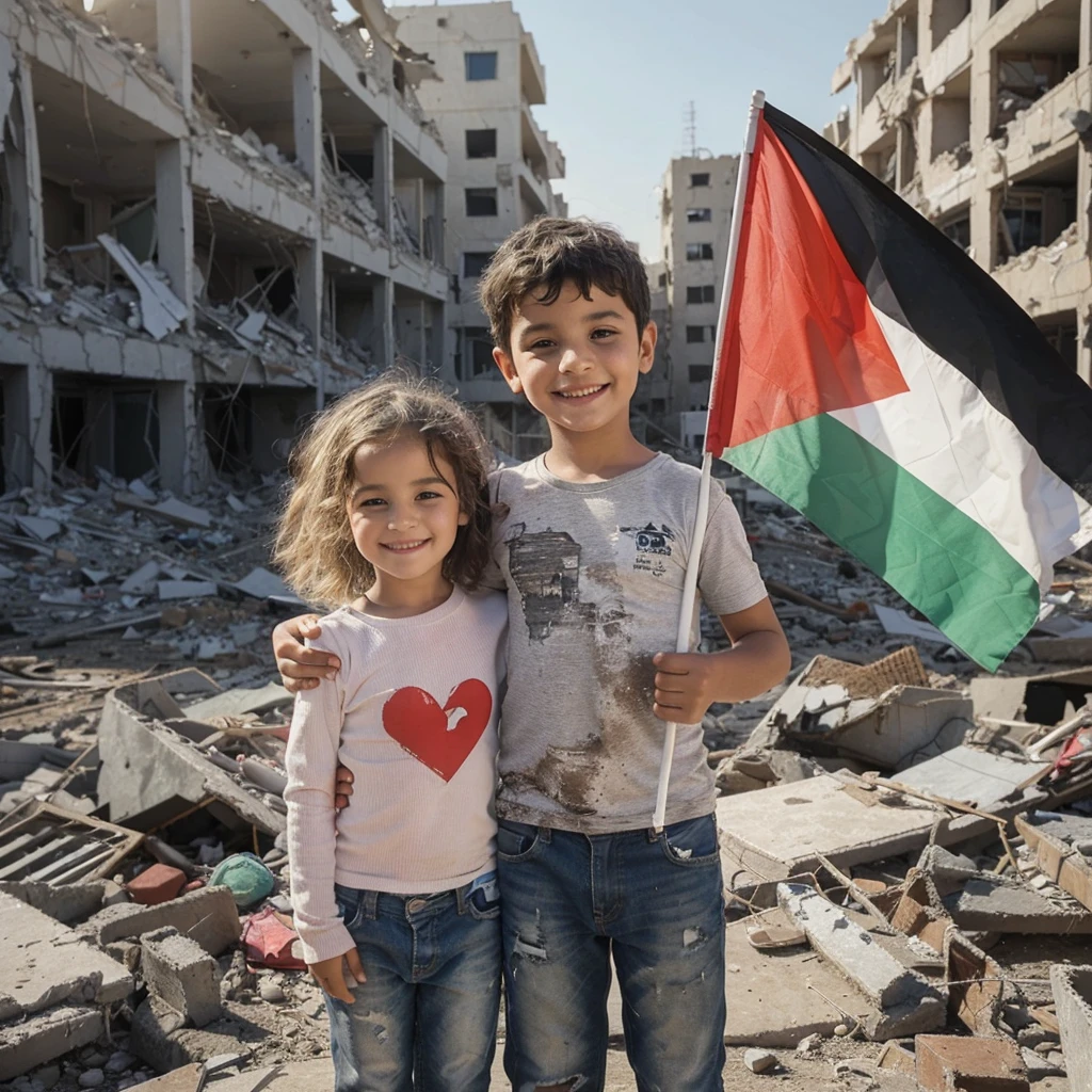 5 year old boy and 5 year old girl standing in destroyed building holding Palestinian flag with smile face