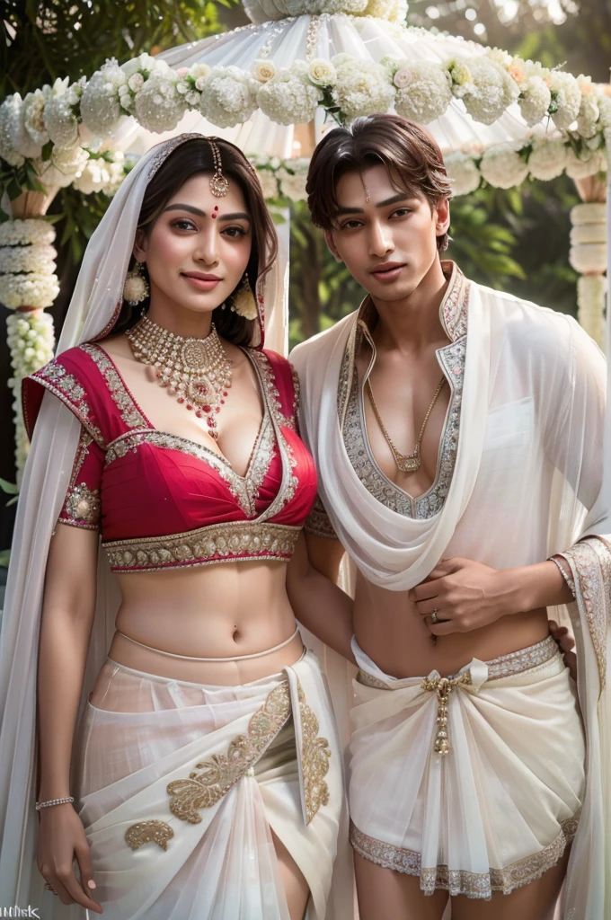 Shirtless man and beautiful woman wearing saree love