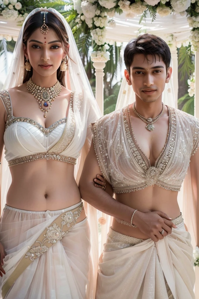 (( Fair skinned Indian Mother and son getting married picture:1.5)), Ultra detailed photo of a ultra sexual incredibly gorgeous Indian 32 year old sexy angelic supermodel mother bride, ((ultra sexy bridal miniskirt saree:1.5)), mystical lights, backlit, ((very detailed faces)), focus on face, (very deep cleavage:1.5), ink lines, dynamic, modern, awe inspiring, whimsical, complex, dreamlike, magical, visually stunning, high contrast, soft colors, high quality fingers, normal hands, detailed fingers, Absurd resolution, ((high resolution:1.5)), (masterpiece: 1.4), super detailed, (((detailed face, detailed expression)), (realistic, photo-realistic:1.37), (full body:1.5), (masterpiece), best quality, ultra beautiful woman, slender legs, sexy slender legs, thin waist, blonde hair, bright blue eyes, cute round ass, with a fun quirky smile, unbuttoned blouse, view from the front