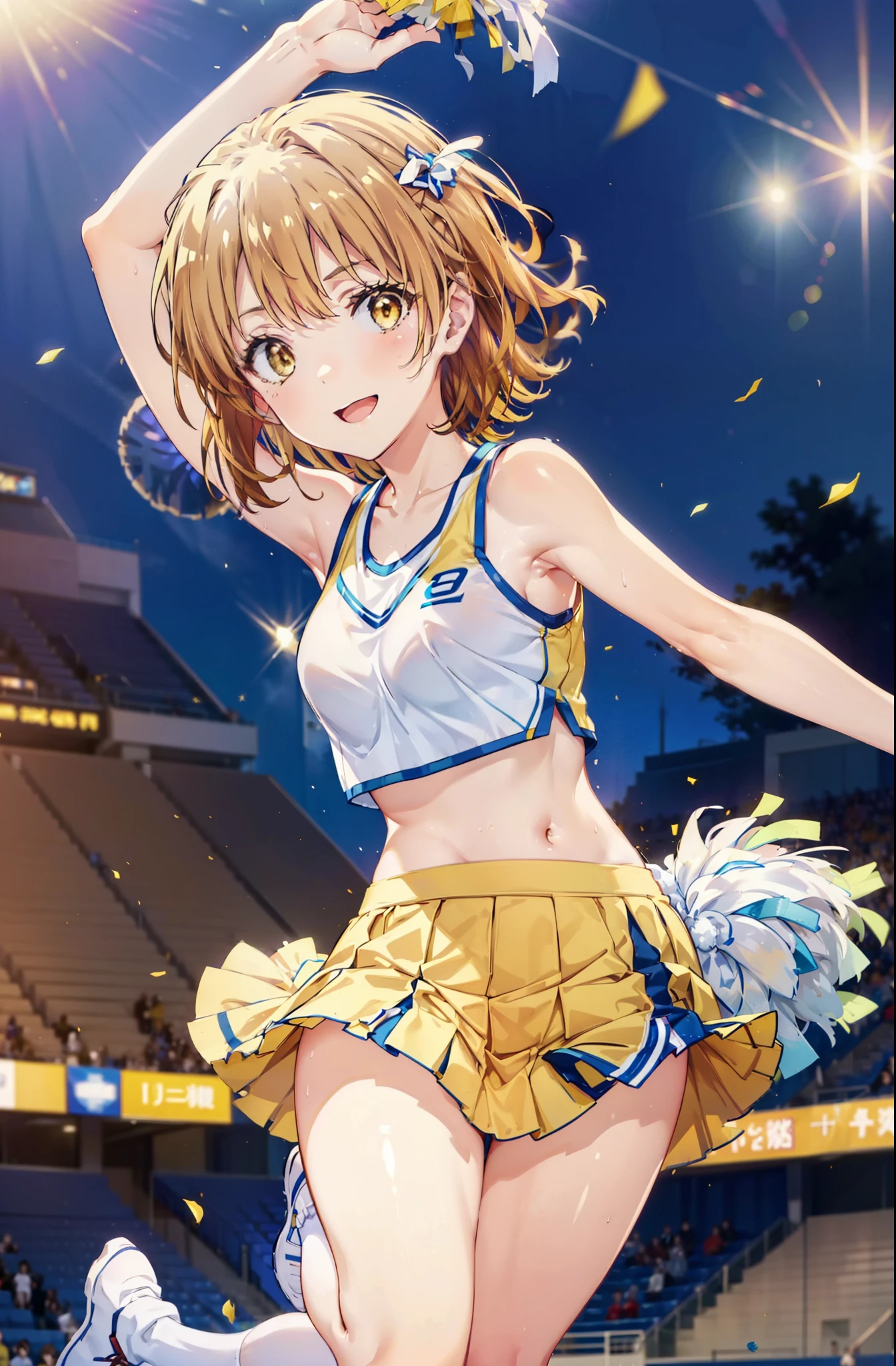 irohaisshiki, iroha isshiki, short hair, brown hair, (Brown eyes:1.5), smile,happy smile, smile, Open your mouth,(cheer leading), (whole body), Big Breasts, Lower, (Sweaty), Sweaty Wet Clothes, (Yellow clothes),No sleeve,Yellow pleated skirt,sneakers , Belly button support, playground, (Jump), (Jump), 足を曲げてJumpする, air, blue sky, Grass原, smile
チアリーダー, Pom-pom \(cheer leading\), Grass, smile, whole bodyがイラストに入るように,
break outdoors,Stadium,
break looking at viewer,whole body,
break (masterpiece:1.2), Highest quality, High resolution, unity 8k wallpaper, (shape:0.8), (Fine and beautiful eyes:1.6), Highly detailed face, Perfect lighting, Highly detailed CG, (Perfect hands, Perfect Anatomy),