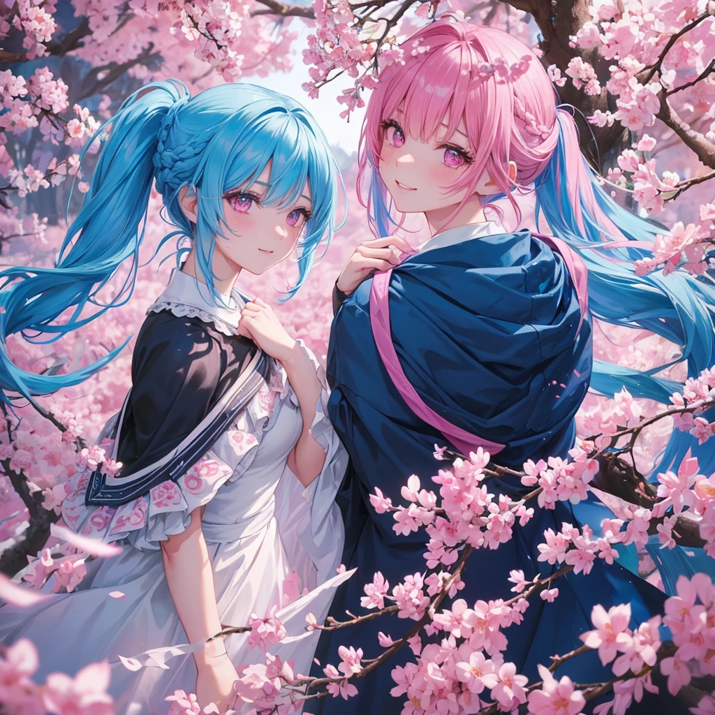 sky Blue hair, (braided ponytail),(pink eyes),fair skin ,full body,1 girl,happy smile,Spring, cherry blossoms, ,blazer, Straight Bangs,(masterpiece, best quality, ultra-detailed, best shadow), (detailed background), (beautiful detailed face), high contrast, (best illumination, an extremely delicate and beautiful), ((cinematic light)), colorful, hyper detail, dramatic light, intricate details,