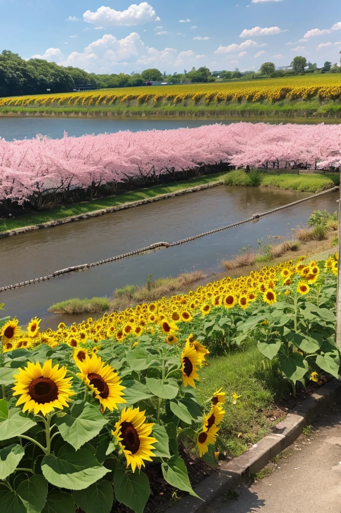 A riverbank filled with cherry blossoms and sunflowers