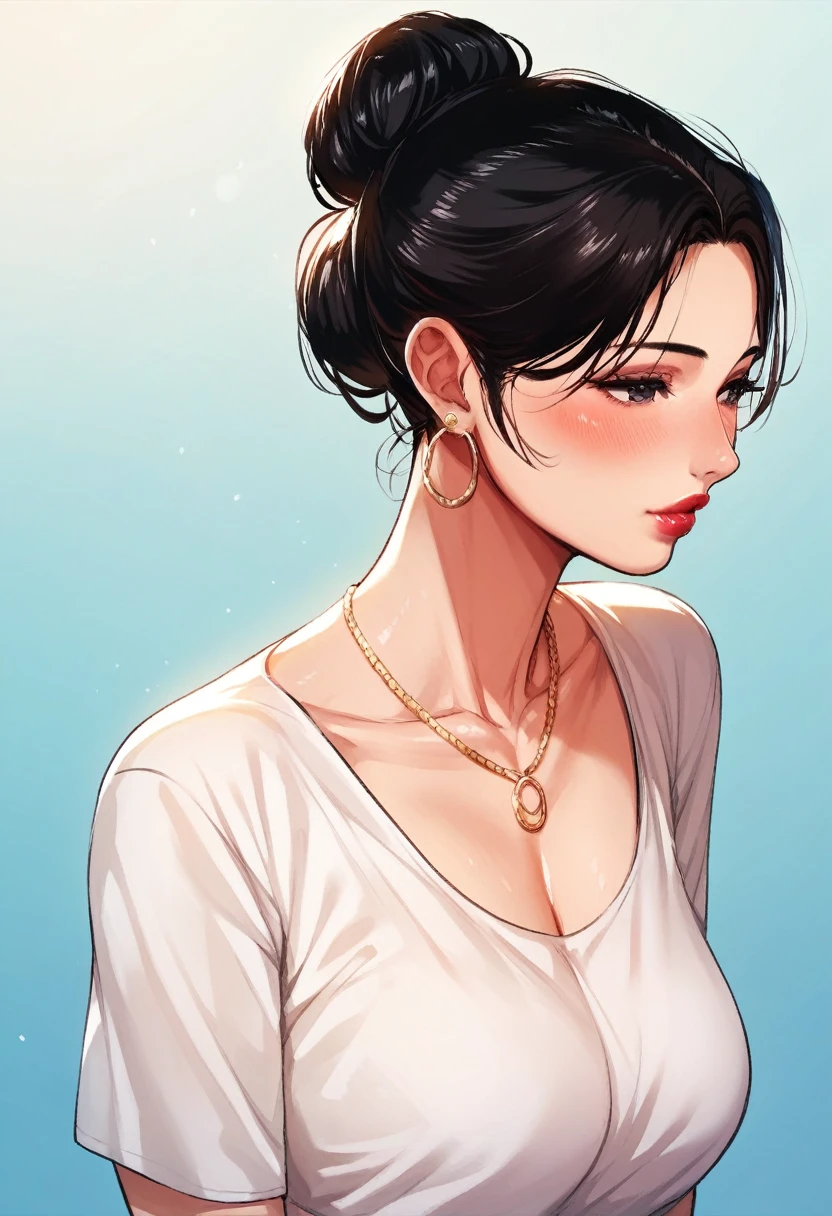 Hot sexy beautiful milf mom , hoops earrings,black hair,hair bun,blush,black eyes, necklace ,one hair bun,hair brochure, lipstick, casual loose t shirt