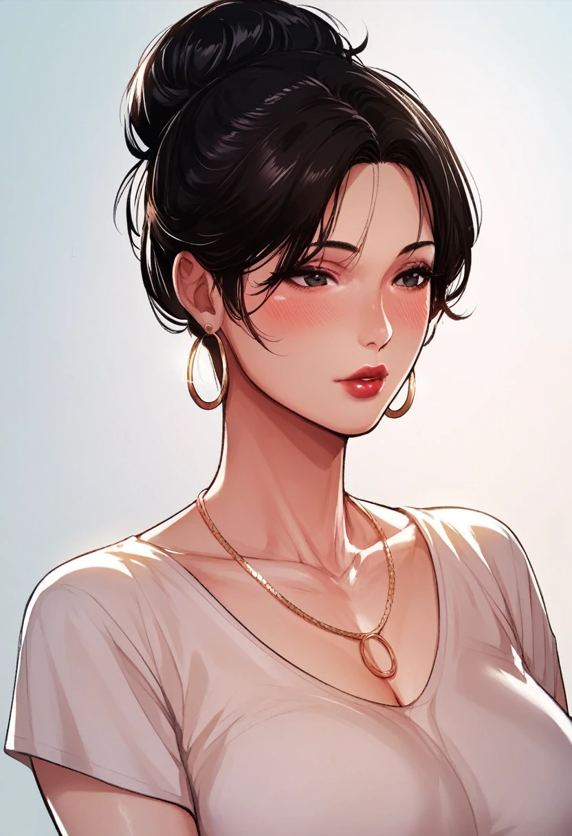 Hot sexy beautiful milf mom , hoops earrings,black hair,hair bun,blush,black eyes, necklace ,one hair bun,hair brochure, lipstick, casual loose t shirt