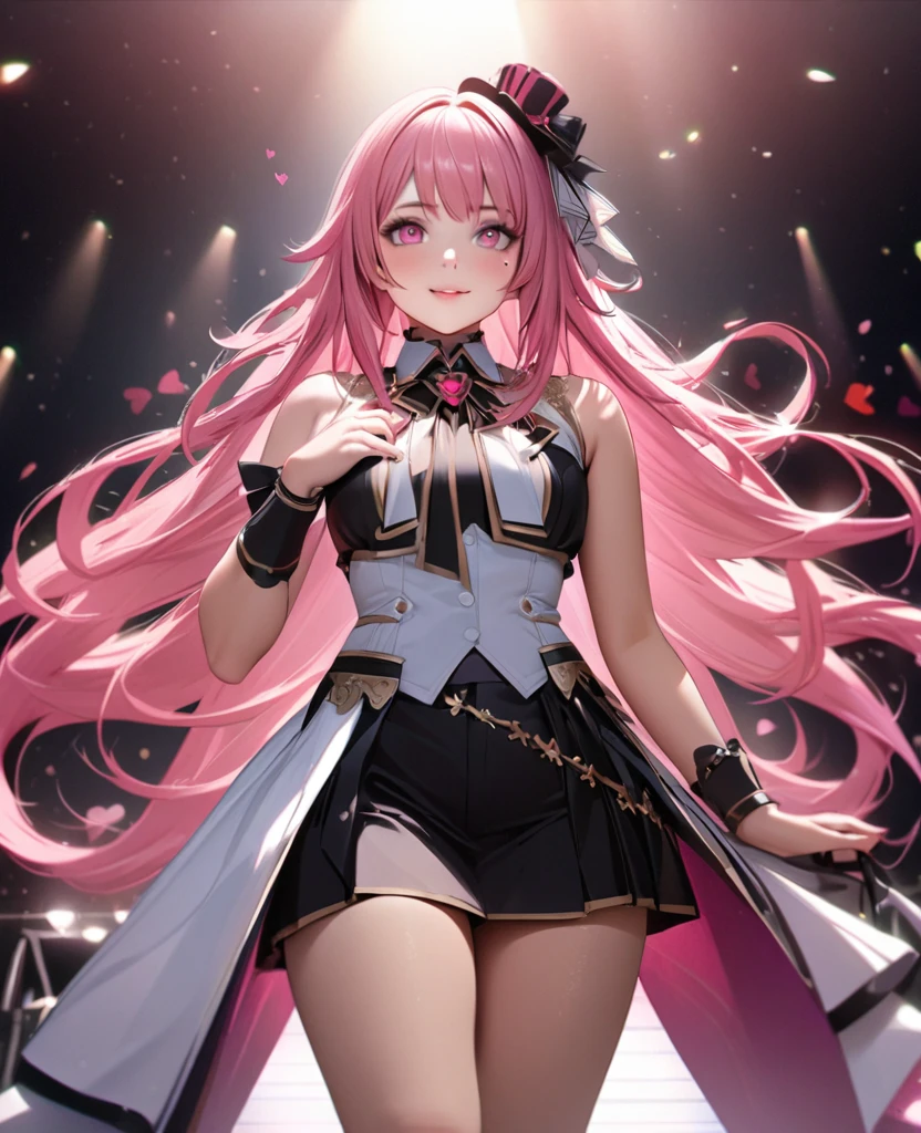 One Girl、Looking at the audience、
Beautiful pink eyes、Pink medium-long hair, Mole under the eye、Plump and glossy lips、Heart-shaped choca、Idol、Her name is Rico,smile、ー、。.。.。.。.。.。.。.。.。.。.。.。.。.。.。.。.。.。.3D、Realistic、
IDOL costumes、Short skirt,Drape clothes、gem、The decoration has been removed、Floral、Lace trim,On a glittering stage、
masterpiece、highest quality、8k、Detailed skin texture、Detailed cloth texture、Beautifully detailed face、Intricate details、Very detailed、
超A high resolution、8k Ultra HD、Film Grain、Best Shadow、delicate、Gazing at the audience、front