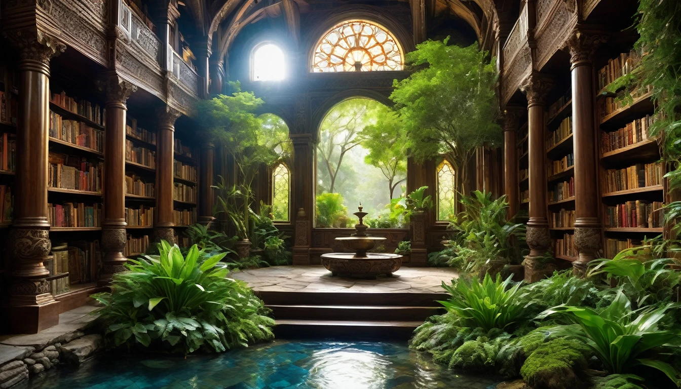 A DSLR photo, award-winning, with deep rich saturated colors and good contrast, shot with a Goerz Hypergon f/8 lens. An ancient mystical library with overgrown plants and exquisitely hyperdetailed laser-crafted stone and wood waterflows inside, bordering around awe inspiring walkways full of splendor and prowess. Sunrays create volumetric light, casting a magical glow throughout the space. The architecture blends motifs and styles from many cultures, featuring God-level hyperintricate carvings, stained-glass windows, sculptures, statues, furniture, and colorful tapestries. The scene exudes an otherworldly, dreamlike quality, with lush greenery intertwining with the old wooden bookshelves, and the serene sound of flowing water enhancing the tranquil atmosphere.