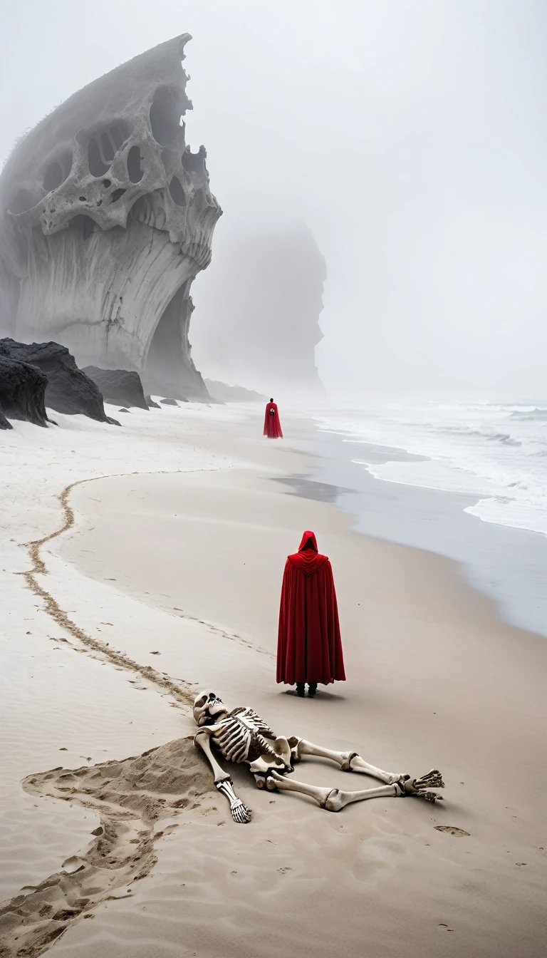 (Huge human bones lie on the sand), an eerie beach scene shrouded in fog. The bones are huge, weathered, and partially buried in the sand. In the foreground, a figure in a red cape stands with his back to the viewer, staring at the skeleton. The atmosphere is mysterious and surreal, and fog obscures the distant background.