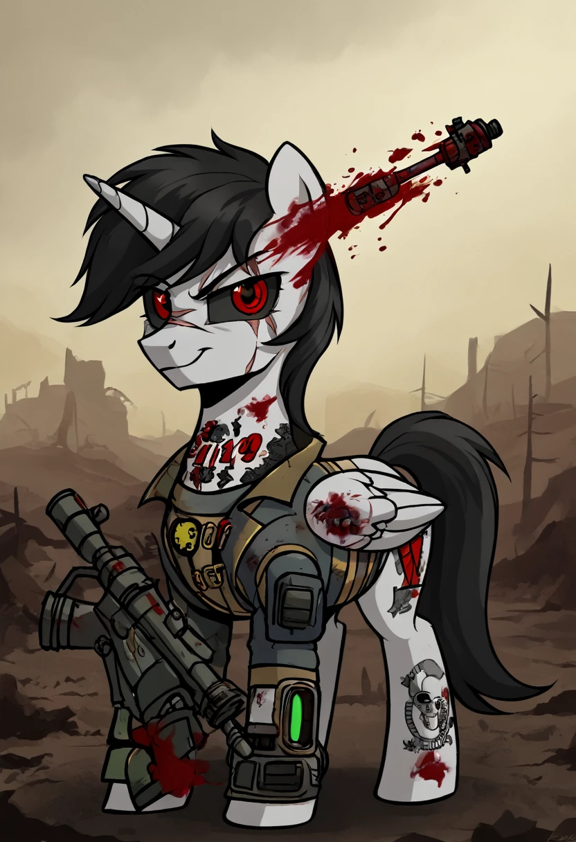 Alicorn stallion red and black hair, red cybernetic eyes, ,black sclera badass ,tattoo on neck, scar on left eye holding sniper with magic smirk, blood on face
Pony solo fallout , pip-boy fallout equestria 