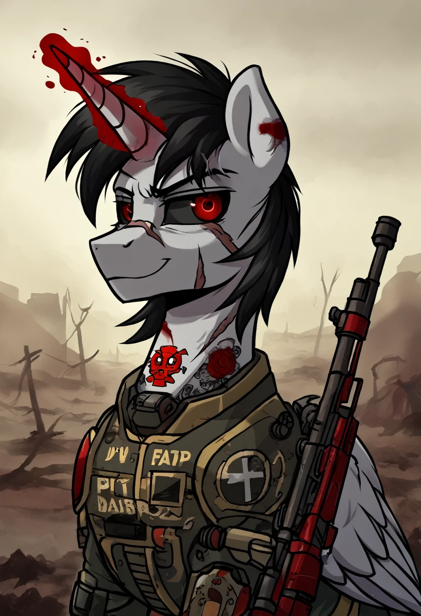 Alicorn stallion red and black hair, red cybernetic eyes, ,black sclera badass ,tattoo on neck, scar on left eye holding sniper with magic smirk, blood on face
Pony solo fallout , pip-boy fallout equestria 