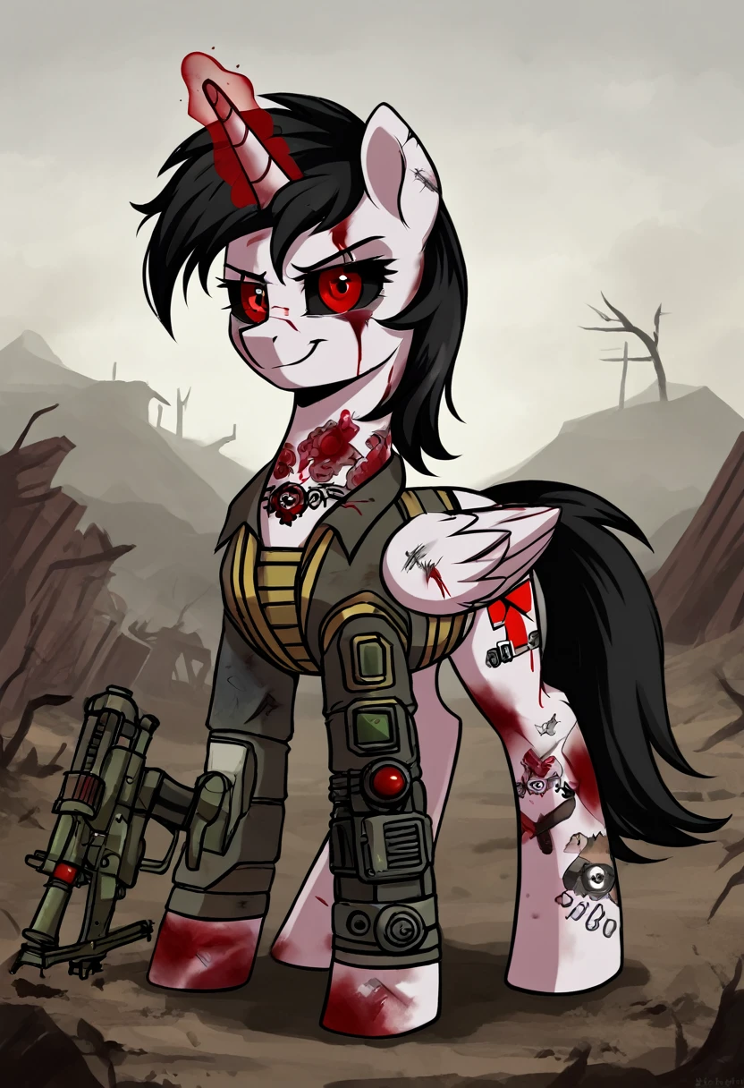 Alicorn stallion red and black hair, red cybernetic eyes, ,black sclera badass ,tattoo on neck, scar on left eye holding sniper with magic smirk, blood on face
Pony solo fallout , pip-boy fallout equestria
