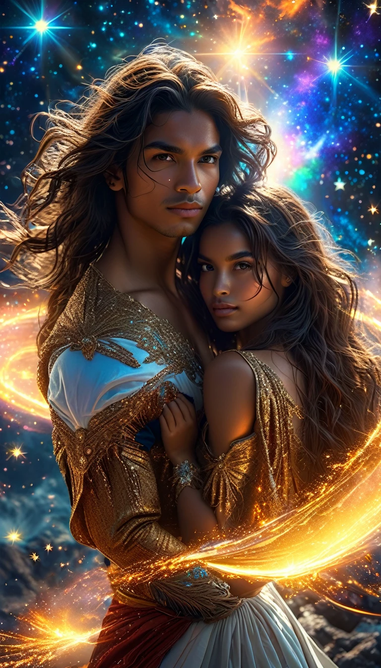 In a celestial dreamland landscape, people dressed luxuous, differents faces, they are all brown skin, (((in 40's))) (((two brown skin caucasian men and one Latina skin brunettehair:1.7 woman))), (((two brown skin caucasian long brown hair prine:1.3))), (((one Latina skin brunettehair1.5 woman))) trying to kill him with powers, dangerous scene, war, battle, luminuous stars, chaos, fire, destrctions, 8K, extremely detailed, high quality, (photorealistic:1.37), Full body, vibrant colors, perfect lighting, soulful expressions, celestial aura, majestic presence, dreamlike atmosphere, 8 k artistic photography, photorealistic concept art, soft natural volumetric cinematic perfect