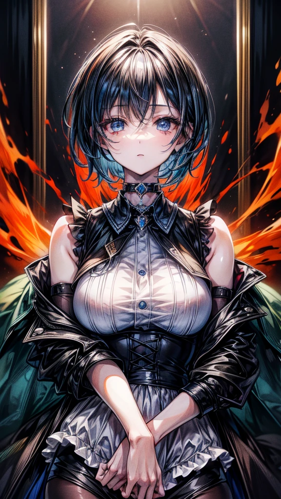 masterpiece, Highest quality, One girl, blue eyes, Orange Hair, ((short hair)), ((Black Hair)), Gothic, choker, Long, narrow eyes, ,
