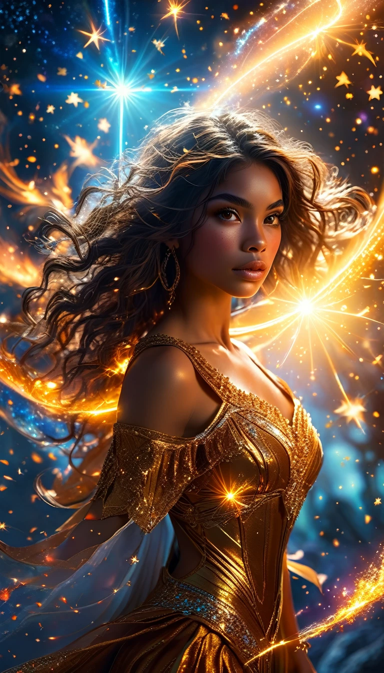 In a celestial dreamland landscape, people dressed luxuous, differents faces, they are all brown skin, (((in 40's))) (((two brown skin caucasian men and one Latina skin brunettehair:1.7 woman))), (((two brown skin caucasian long brown hair prine:1.3))), (((one Latina skin brunettehair1.5 woman))) trying to kill him with powers, dangerous scene, war, battle, luminuous stars, chaos, fire, destrctions, 8K, extremely detailed, high quality, (photorealistic:1.37), Full body, vibrant colors, perfect lighting, soulful expressions, celestial aura, majestic presence, dreamlike atmosphere, 8 k artistic photography, photorealistic concept art, soft natural volumetric cinematic perfect