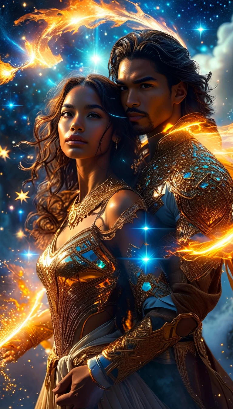 In a celestial dreamland landscape, people dressed luxuous, differents faces, they are all brown skin, (((in 40's))) (((two brown skin caucasian men and one Latina skin brunettehair:1.7 woman))), (((two brown skin caucasian long brown hair prine:1.3))), (((one Latina skin brunettehair1.5 woman))) trying to kill him with powers, dangerous scene, war, battle, luminuous stars, chaos, fire, destrctions, 8K, extremely detailed, high quality, (photorealistic:1.37), Full body, vibrant colors, perfect lighting, soulful expressions, celestial aura, majestic presence, dreamlike atmosphere, 8 k artistic photography, photorealistic concept art, soft natural volumetric cinematic perfect
