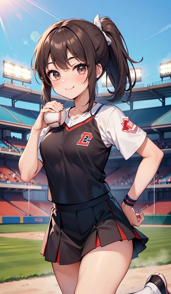 woman。(Baseball Cheergirls)。smile、Dark brown ponytail、(Baseball stadium stands)。(Baseball Cheergirlsのユニフォーム:1.2)、Baseball stadium stands。(Baseball Cheerleader Uniform)。competition、Perfect hands、Facing the audience、raise one leg slightly