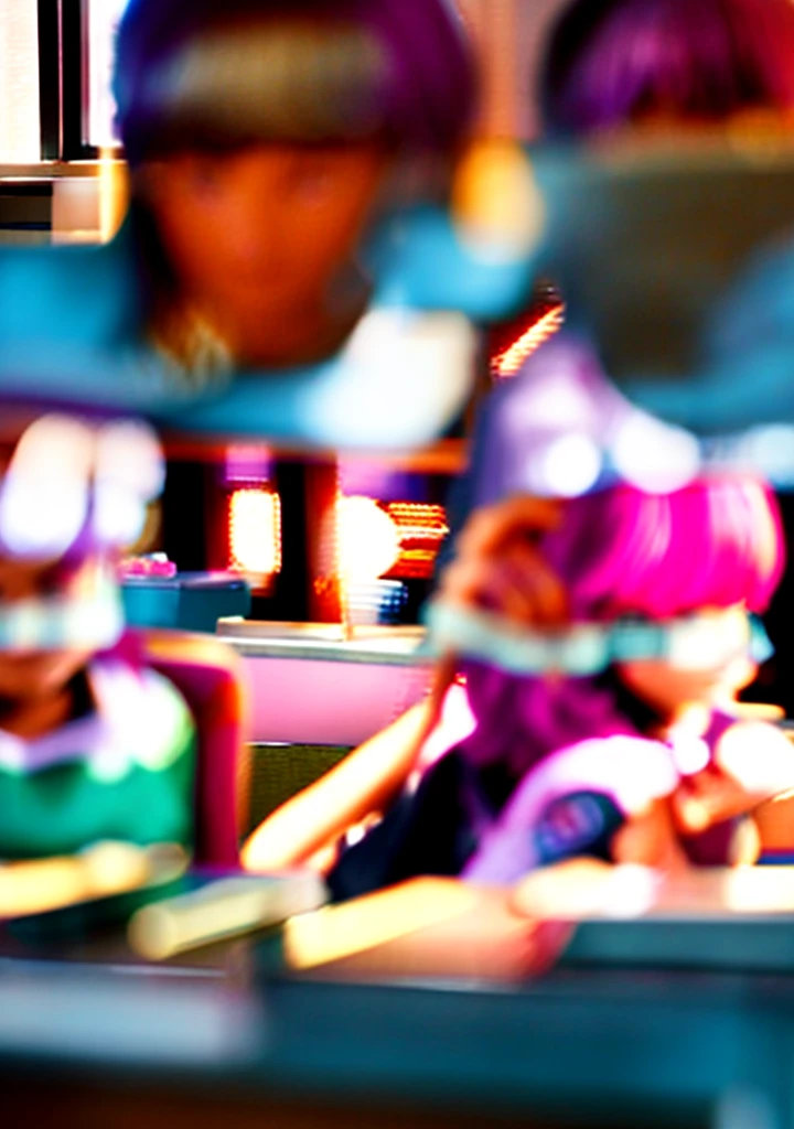 Show many students in a classroom listening to a lecture. Shift the focus to the girl with pink hair and show her up close. She sighed tiredly and looked out the large window on the right. Styled by disney. Light atmosphere in warm colors --ar 4:3