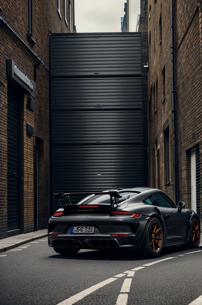 A stunning high definition poster of a tuning 2024 Porsche GT3 RS with meticulously applied matte black vinyl. The car is parked in a narrow alley in a busy neighborhood in the city of London.  The background shows the iconic skyscrapers of London&#39;s financial district.  The ground is wet and cracked, reflecting the elegant contours of the car.  The image has a cinematic feel, capturando tant