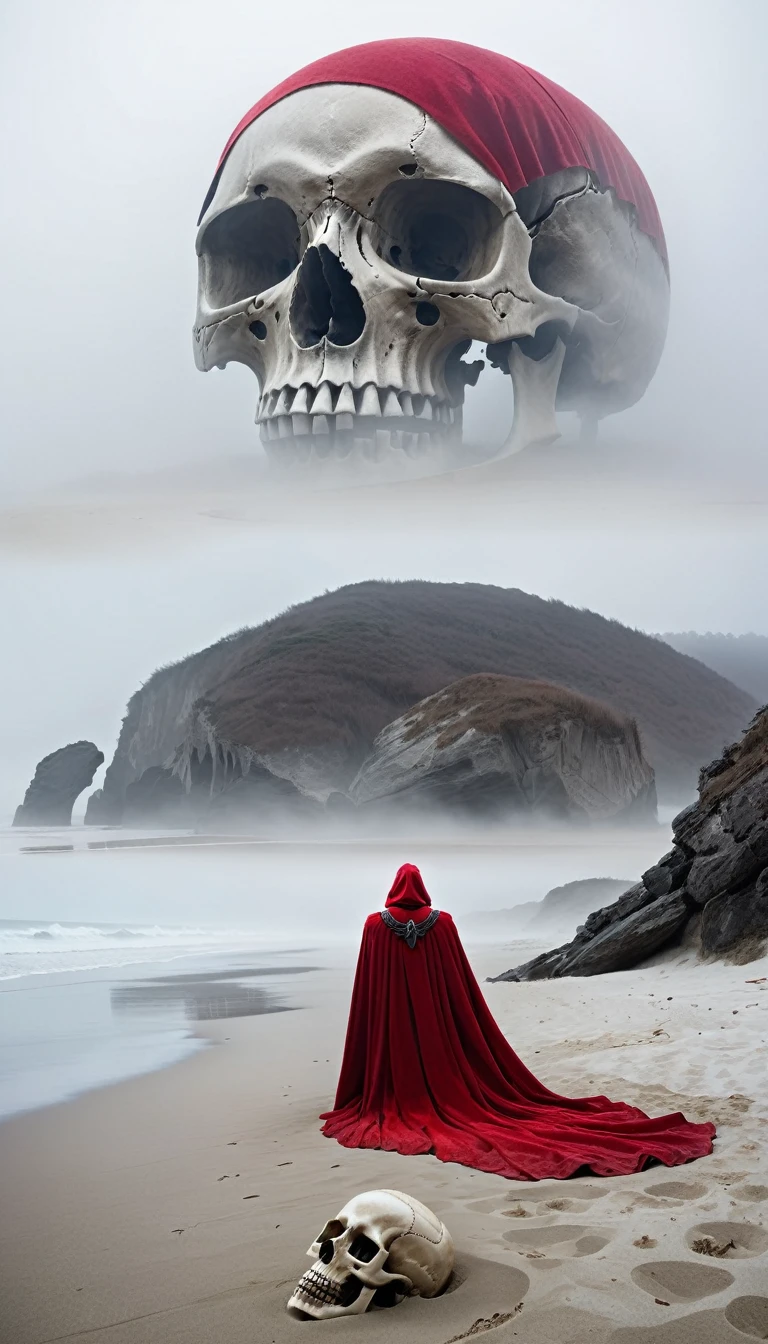 (A giant skull lies on the sand), an eerie beach scene shrouded in fog. The bones are huge, weathered, and partially buried in the sand. In the foreground, a figure in a red cape stands with his back to the viewer, staring at the skeleton. The atmosphere is mysterious and surreal, and fog obscures the distant background.