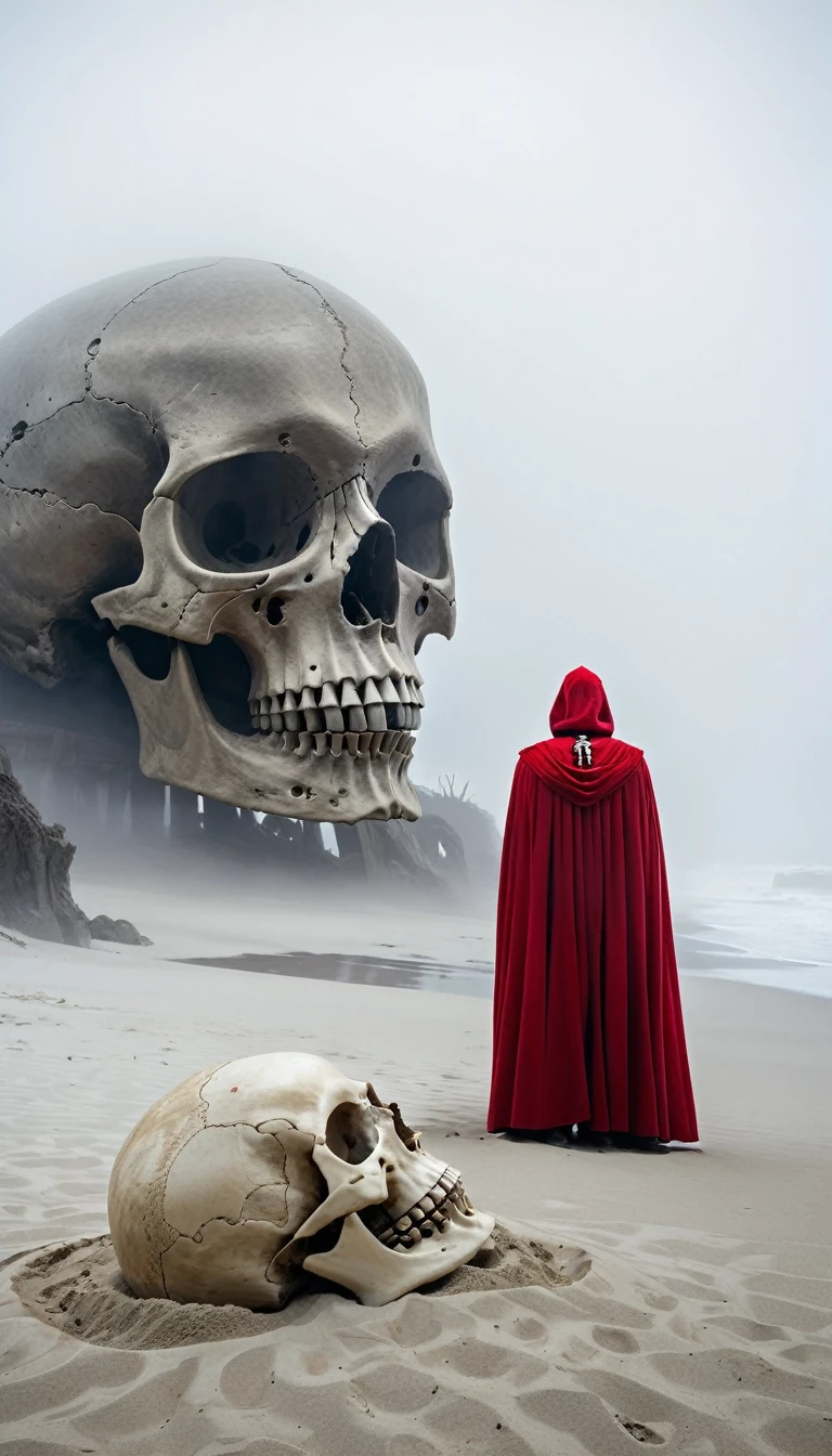 (A giant skull lies on the sand), an eerie beach scene shrouded in fog. The bones are huge, weathered, and partially buried in the sand. In the foreground, a figure in a red cape stands with his back to the viewer, staring at the skeleton. The atmosphere is mysterious and surreal, and fog obscures the distant background.