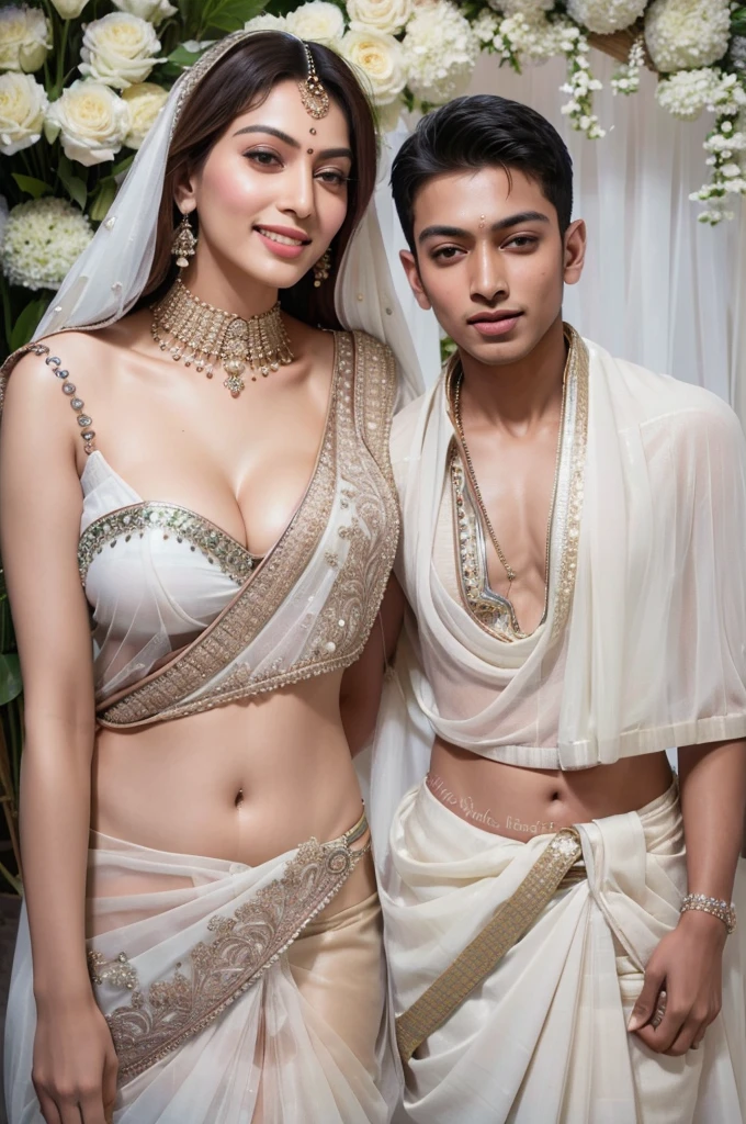 (( Fair skinned Indian Mother and son getting incest married picture:1.5)), Ultra detailed photo of a ultra sexual incredibly gorgeous Indian 32 year old sexy angelic supermodel mother bride, ((ultra sexy bridal miniskirt saree:1.5)), mystical lights, backlit, ((very detailed faces)), focus on face, (very deep cleavage:1.5), ink lines, dynamic, modern, awe inspiring, whimsical, complex, dreamlike, magical, visually stunning, high contrast, soft colors, high quality fingers, normal hands, detailed fingers, Absurd resolution, ((high resolution:1.5)), (masterpiece: 1.4), super detailed, (((detailed face, detailed expression)), (realistic, photo-realistic:1.37), (full body:1.5), (masterpiece), best quality, ultra beautiful woman, slender legs, sexy slender legs, thin waist, blonde hair, bright blue eyes, cute round ass, with a fun quirky smile, unbuttoned blouse, view from the front