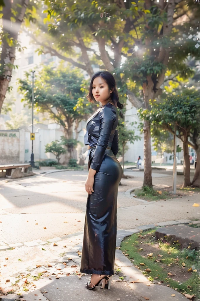 pretty aisan lady, pretty lady MoonLay, one girl, beautiful lady, beautiful face, cute smiling, bent over and stooping, seductively posing for photography, ((at the public park:1.7)), (bent over and arms down:1.4), ((lift up waist:1.2)), ((pouting ass:1.2)), ((clingy panty line:1.3)), ((full body view tilt rear view:1.5)),, (short legs), (slim waist and voluptuous body), wearing Myanmar traditional attire, wearing acmm long skirt, tight skirt, shimmering glossy satin skirt, with stiletto high heel, fine shadow, realistic added shadow, dramatic lighting, professional color graded, nikon d850 film stock photograph, cinematic lighting, cinematic shot, 4k resolution,