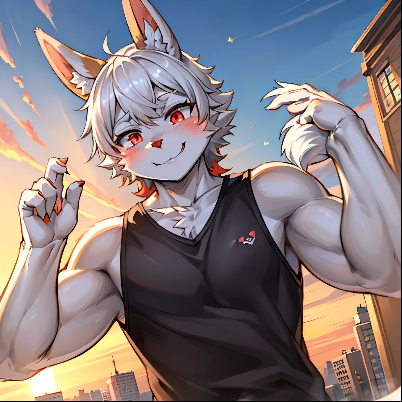 Best quality,Optimal resolution,(fluffy anthro furry :1.6),youth,White Rabbit Boy,Strong,big,Red eyes,Sparkling eyes,Black eyebrow,No hair,Rabbit ears,White rabbit tail,Wear a black sports vest,Shoulderless,sleeveless,campus,white sunbeams,outdoor,Happy face,Charming Smile,Heavy breathing,Full face blush,Low angle