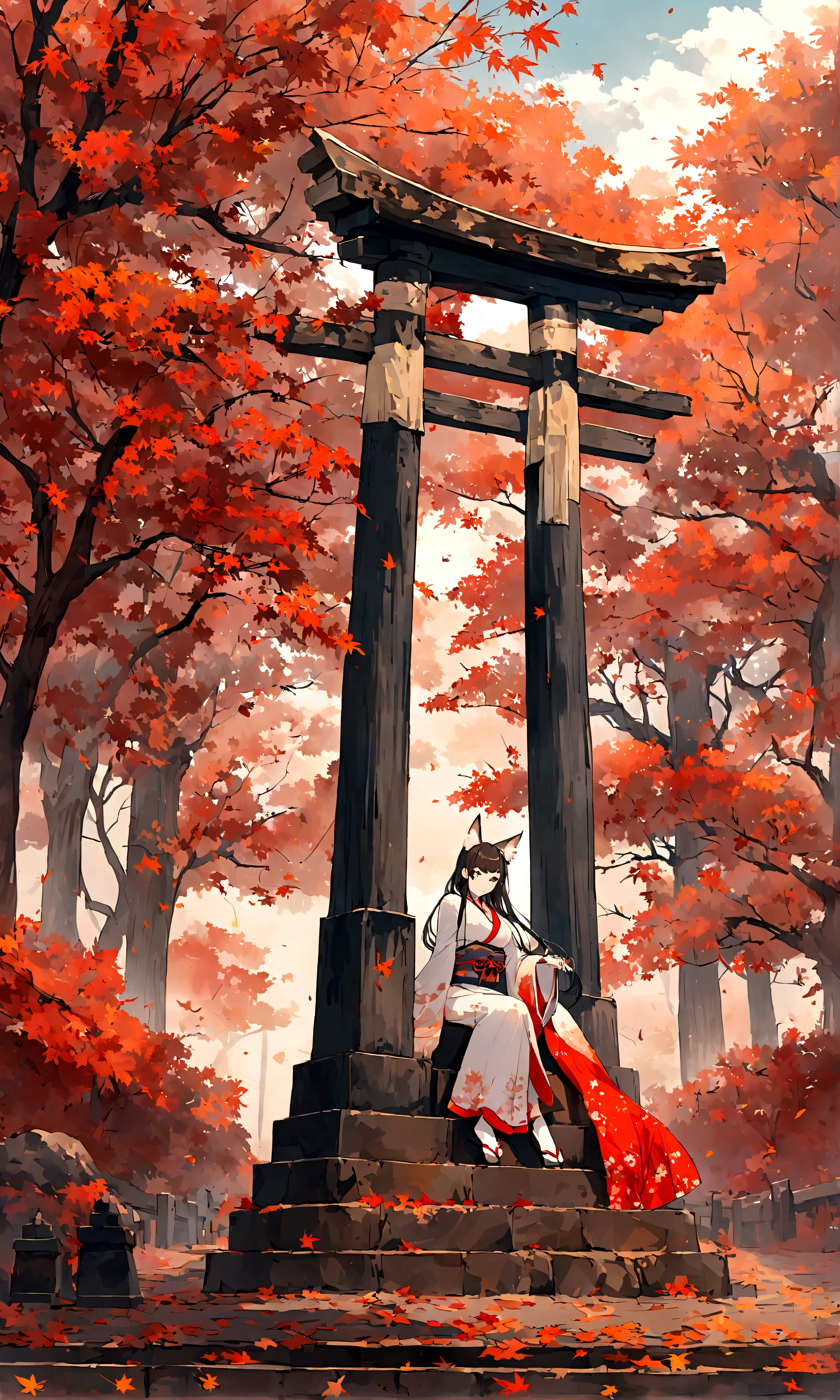 （Fox ears），Mature and elegant，Elegant and mysterious，身穿kimono的女性、Long hair，（kimono，White tabi and geta），shrine，Shrine maiden，Gentle smile，美丽的shrine风景，Autumn,maple，Anime Background，Japanese art style，fallen leaves