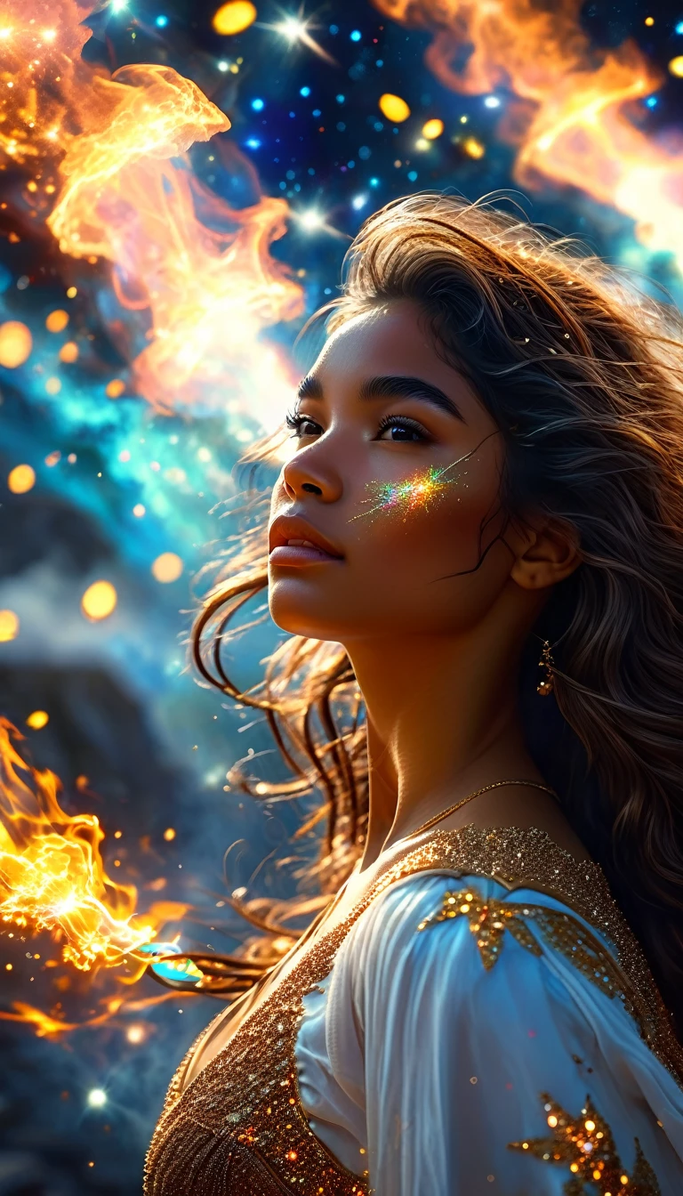 In a celestial dreamland landscape, people dressed luxuous, differents faces, they are all brown skin, (((in 40's))) (((two brown skin caucasian men and one Latina skin brunettehair:1.7 woman))), (((two brown skin caucasian long brown hair prine:1.3))), (((one Latina skin brunettehair1.5 woman))) trying to kill him with powers, dangerous scene, war, battle, luminuous stars, chaos, fire, destrctions, 8K, extremely detailed, high quality, (photorealistic:1.37), Full body, vibrant colors, perfect lighting, soulful expressions, celestial aura, majestic presence, dreamlike atmosphere, 8 k artistic photography, photorealistic concept art, soft natural volumetric cinematic perfect