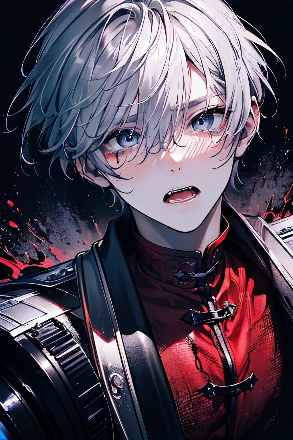 (((A well-built man in his 30s:1.3))),((Silver short hair:1.2)),(Blue Eyes:1.2),((crimson、reddish black、Dark blood:1.5)),(((A chaotic, dark and gloomy world:1.2))),((Face and body covered in blood:1.3)),((Gorgeous silver armor of a hero:1.45)),((Crazy screaming face:1.4)),((Excited face、blush、He is breathing heavily:1.3),((Tears of blood from the eyes:1.1)),(Leaning forward:1.3),((high quality:1.3)),((beautiful image:1.3)),((perfect picture:1.3)),((Horror、Suspense、Mystery:1.2)),Close-up of face,(Camera angle from below))
