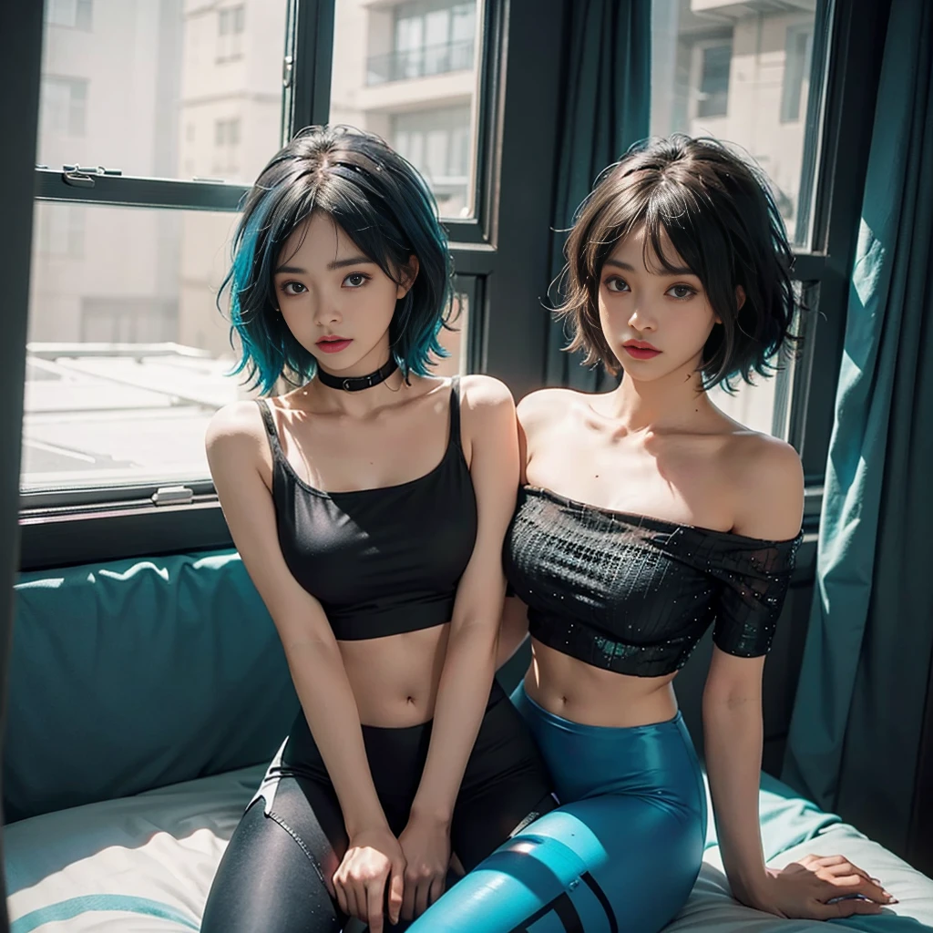 23 year old girl, beautiful, short shoulder length hair, black and cyan hair color, almond eyes, no makeup, cyan crop top, pendel leggings, in front of the window, night city, calm atmosphere, close-up, midnight, (photo: 1.2 ), (super realistic: 1.3), (highly detailed: 1.1), ((masterpiece)), calm, sad, don't cry, sitting on the bed