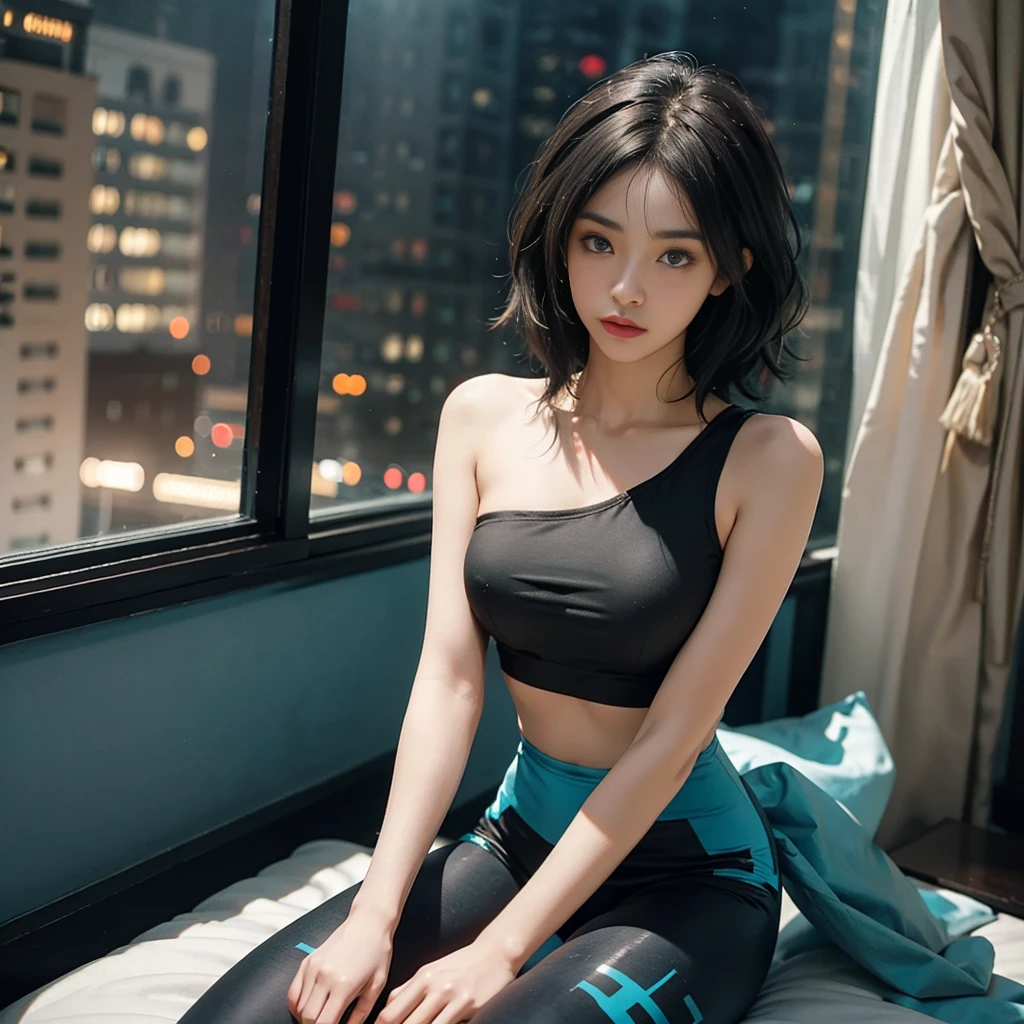 23 year old girl, beautiful, short shoulder length hair, black and cyan hair color, almond eyes, no makeup, cyan crop top, pendel leggings, in front of the window, night city, calm atmosphere, close-up, midnight, (photo: 1.2 ), (super realistic: 1.3), (highly detailed: 1.1), ((masterpiece)), calm, sad, don't cry, sitting on the bed