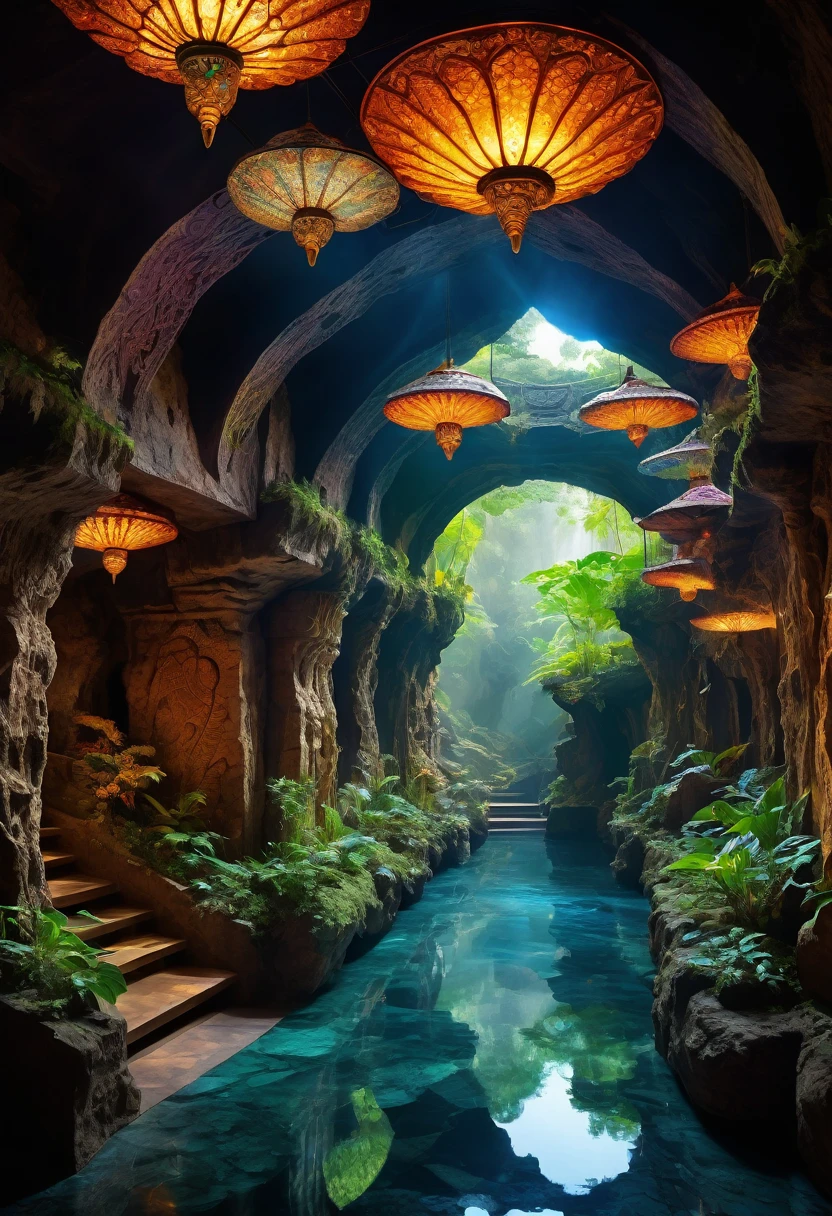 A DSLR photo, award-winning, with deep rich saturated colors and good contrast, shot with a Goerz Hypergon f/8 lens. A sprawling, ancient underground cavern, transformed into a mystical marketplace with bioluminescent plants and exquisitely hyperdetailed laser-crafted stone and wood pathways, winding through vibrant stalls full of exotic goods. Sunrays filter through crystalline formations in the cavern ceiling, creating volumetric light and casting a magical glow throughout the space. The architecture blends motifs and styles from many cultures, featuring God-level hyperintricate carvings, mosaic-tiled walls, sculptures, statues, and vibrant banners. The scene exudes an otherworldly, dreamlike quality, with glowing fungi and hanging vines intertwining with the intricate market structures, and the serene sound of subterranean streams enhancing the tranquil atmosphere.