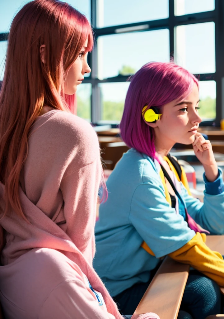 Show many students in a classroom listening to a lecture. Shift the focus to the girl with pink hair and show her up close. She sighed tiredly and looked out the large window on the right. Styled by disney. Light atmosphere in warm colors
