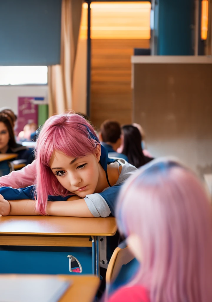 Show many students in a classroom listening to a lecture. Shift the focus to the girl with pink hair and show her up close. She sighed tiredly and looked out the large window on the right. Styled by disney. Light atmosphere in warm colors