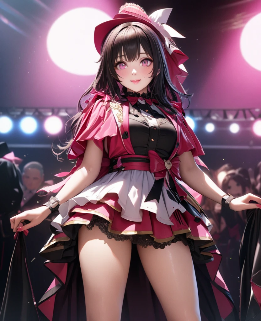 One Girl、Looking at the audience、
Beautiful pink eyes、black hair bun、,Mole under the eye、Plump and glossy lips、Heart-shaped choca、Idol、Her name is Rico,smile、ー、。.。.。.。.。.。.。.。.。.。.。.。.。.。.。.。.。.。.3D、Realistic、
Idol衣装、Short skirt,Drape clothes、gem、The decoration has been removed、Floral、Lace trim,On a glittering stage、
masterpiece、highest quality、8k、Detailed skin texture、Detailed cloth texture、Beautifully detailed face、Intricate details、Very detailed、
超A high resolution、8k Ultra HD、Film Grain、Best Shadow、delicate、Gazing at the audience、front