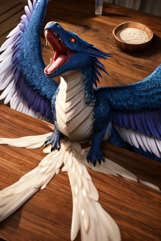 Tiny Dead, feathered wyvern body laying on the table. Wings spread out and Strapped to the table. Mouth wide open with no teeth and fangs and tooth, close up. Milk dripping out of mouth splattering onto the table. Milk splatter on top of head. Photorealistic. Head tied down near the edge of the table