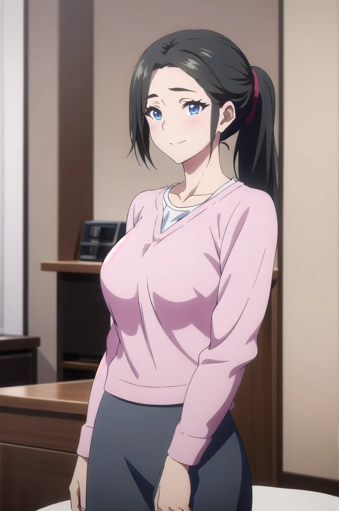 masterpiece, (best quality), 1woman,1girl ,haruhiko_ichijou_mother,  black hair, long hair, ponytail, (blue eyes),casual clothes, (skirt),big breasts ,, ,sexy woman,smile, hair between eyes, long sleeves,closed clothes, embarrassed,blush,  , vibrant colors ,natural lighting  ,RTX,  , beautiful, (detailed face:1.2), showcase, (perfect eyes:1.1) ,(photorealistic:1.1), 8k uhd,  looking at viewer, indoors,  simple backround,