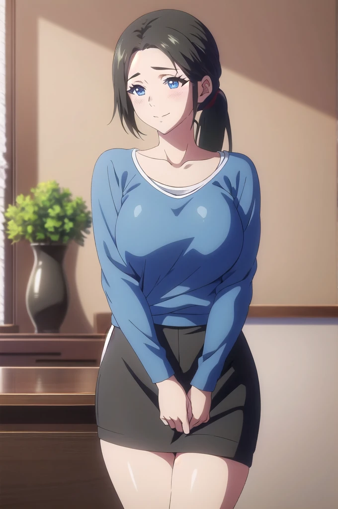 masterpiece, (best quality), 1woman,1girl ,haruhiko_ichijou_mother, black hair, long hair, ponytail, (blue eyes),casual clothes, (skirt),big breasts ,, ,sexy woman,smile, hair between eyes, long sleeves,closed clothes, embarrassed,blush, , vibrant colors ,natural lighting ,RTX, , beautiful, (detailed face:1.2), showcase, (perfect eyes:1.1) ,(photorealistic:1.1), 8k uhd, looking at viewer, indoors, simple backround,
